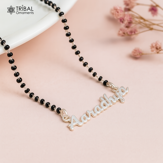 925 sterling silver black beads and Aradhaya name design Mangalsutra necklace by Tribal Ornaments, personalized bridal jewelry.