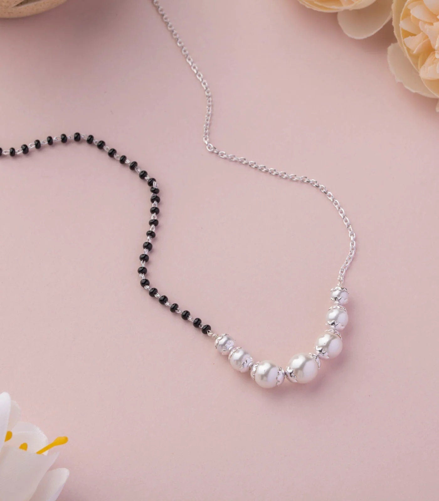 925 sterling silver pearl beaded and black beaded chain necklace and vintage antique ball style pendant Mangalsutra ms137 - TRIBAL ORNAMENTS