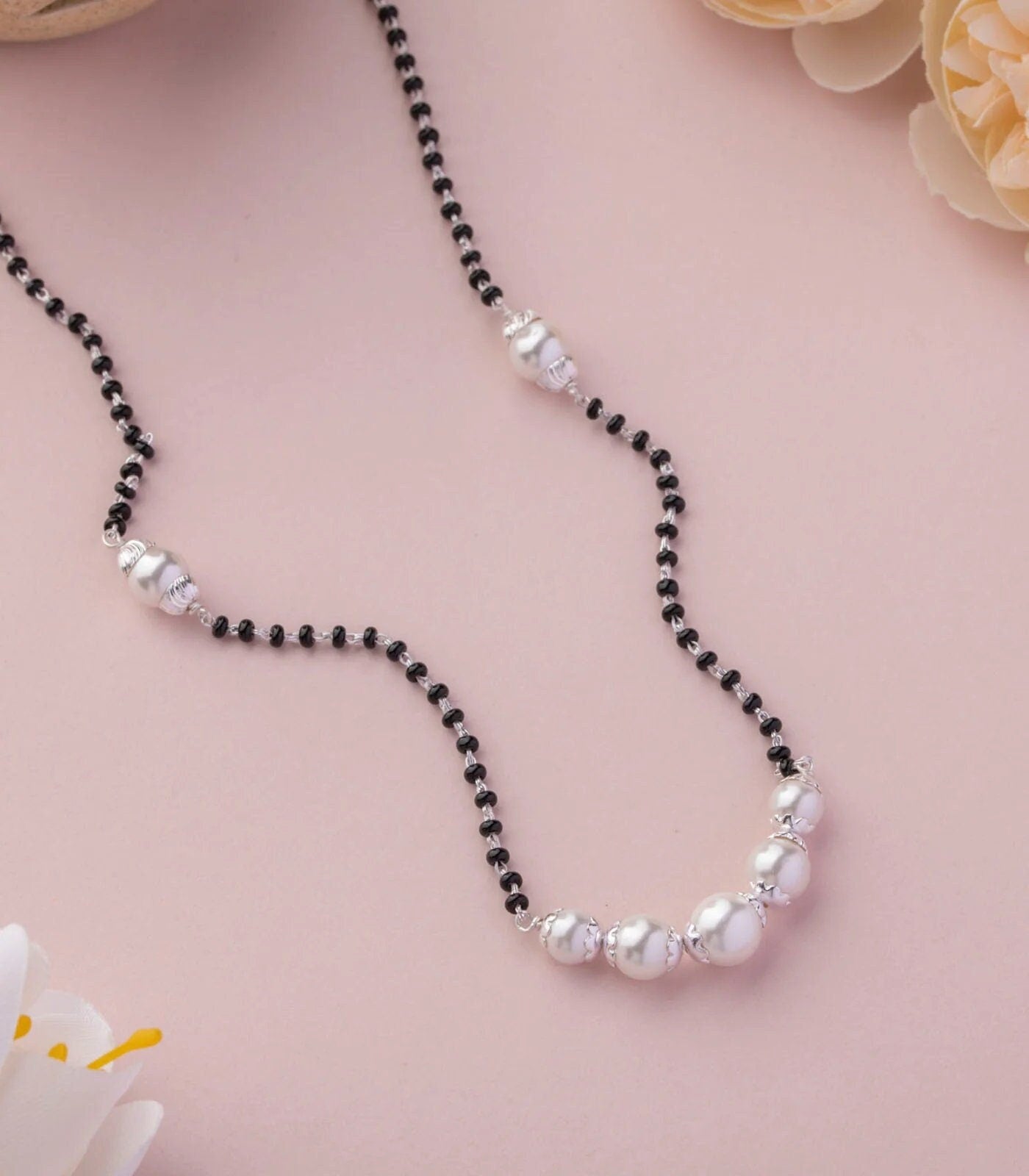 925 sterling silver pearl beaded and black beaded chain necklace and vintage antique ball style pendant Mangalsutra ms138 - TRIBAL ORNAMENTS