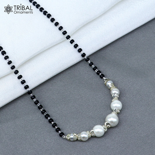 925 sterling silver Mangalsutra with pearl and black beaded chain and vintage ball pendant by TRIBAL ORNAMENTS