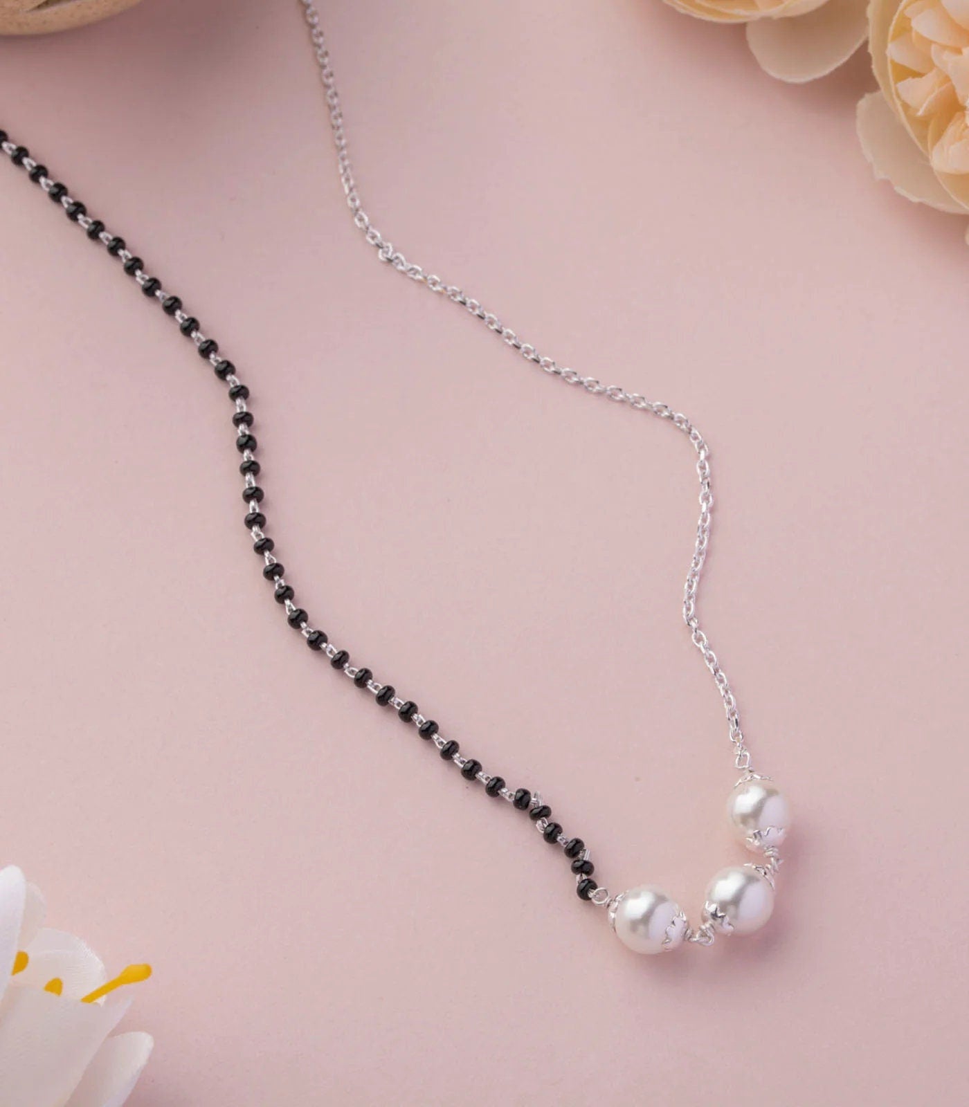 925 sterling silver pearl beaded and black beaded chain necklace and vintage antique ball style pendant Mangalsutra ms142 - TRIBAL ORNAMENTS