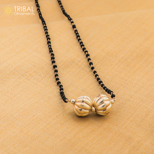 Sterling silver black beads chain necklace with vintage ball pendant, traditional brides Mangalsutra set by TRIBAL ORNAMENTS.