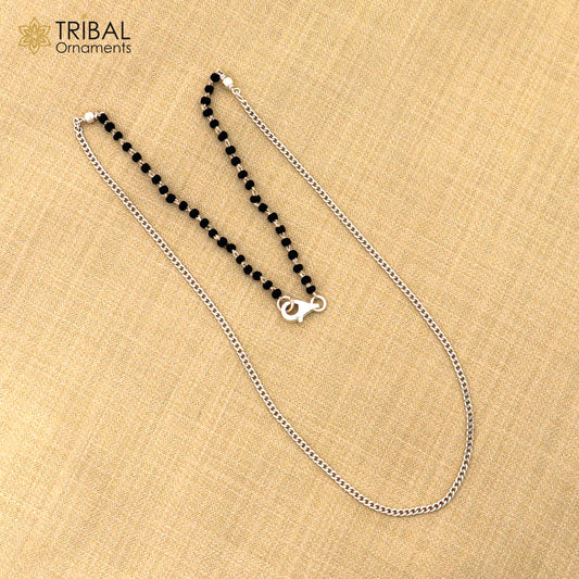 Pure 925 sterling silver black beads with Cuban chain necklace, traditional style brides Mangalsutra style chain necklace set446 - TRIBAL ORNAMENTS