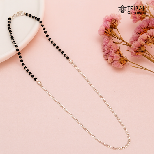 Pure 925 sterling silver black beads with Cuban chain mangalsutra necklace set, traditional style for brides by TRIBAL ORNAMENTS