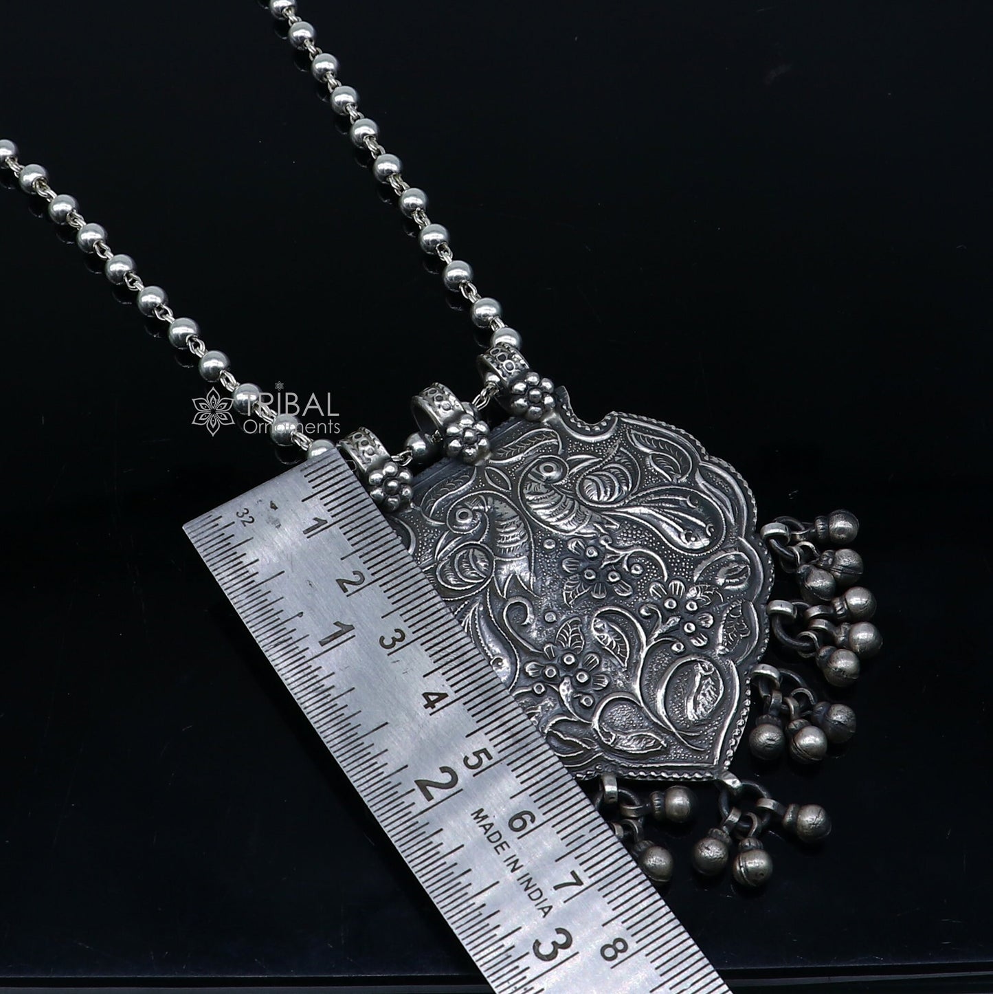 925 sterling silver 4mm beaded long necklace with traditional peacock charm, handmade tribal jewelry set by TRIBAL ORNAMENTS
