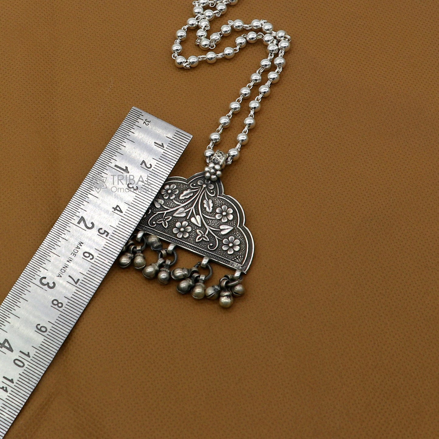 925 sterling silver beaded long necklace with traditional cultural pendant, handmade jewelry set by TRIBAL ORNAMENTS.
