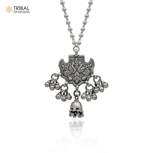 Handmade 925 sterling silver beaded long necklace with peacock design, traditional cultural jewelry by TRIBAL ORNAMENTS.