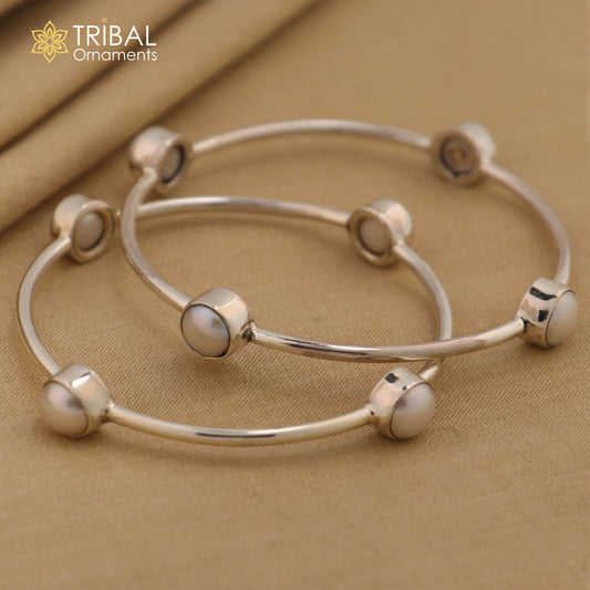 925 sterling silver plain bangle bracelet with gorgeous natural pearl stone floral design bangles girl's jewelry ba128 - TRIBAL ORNAMENTS