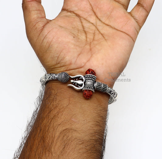 925 Sterling silver handmade chitai work Lord Shiva trident trishul kada bangle bracelet with natural Rudraksha customized kada nsk487 - TRIBAL ORNAMENTS