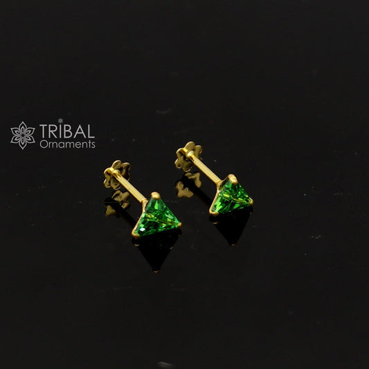 2.5MM/3MM/4MM 18kt yellow gold handmade single green stone triangle shape stud earring cartilage unisex jewellery er187 - TRIBAL ORNAMENTS