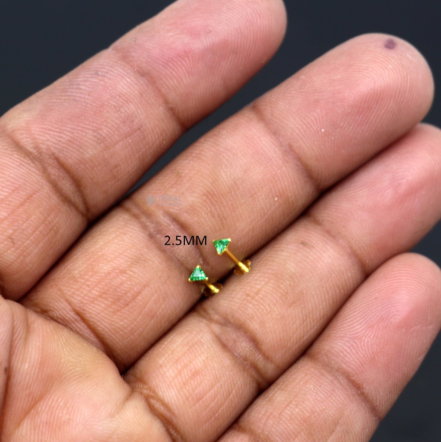 2.5MM/3MM/4MM 18kt yellow gold handmade single green stone triangle shape stud earring cartilage unisex jewellery er187 - TRIBAL ORNAMENTS