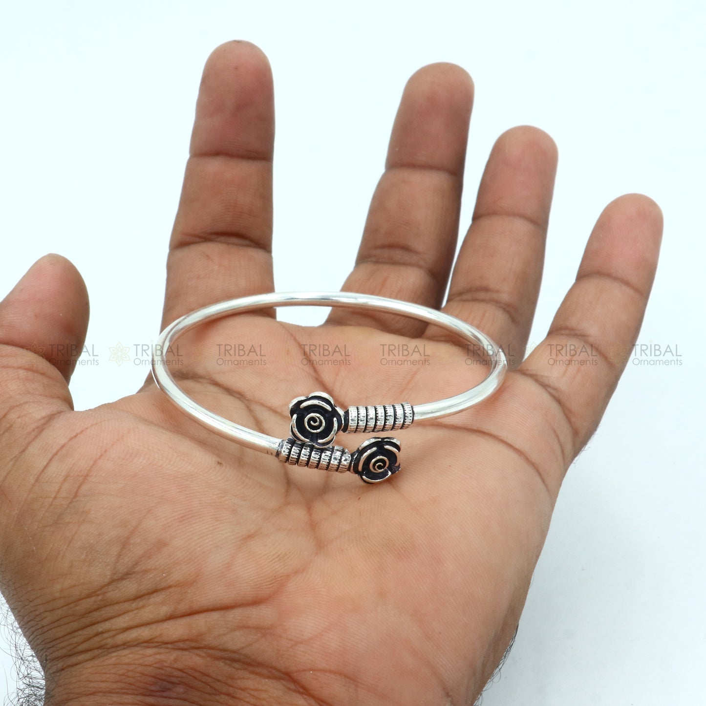 925 sterling silver handmade flower design stylish kada bangle bracelet tribal jewelry nsk863 - TRIBAL ORNAMENTS