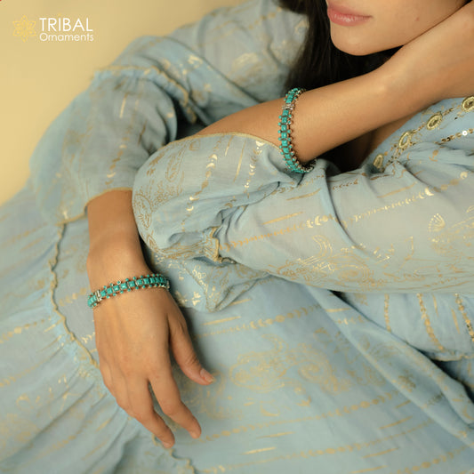 925 sterling silver Stylish bangle bracelet kada turquoise stone wedding gifting jewelry nsk884 - TRIBAL ORNAMENTS