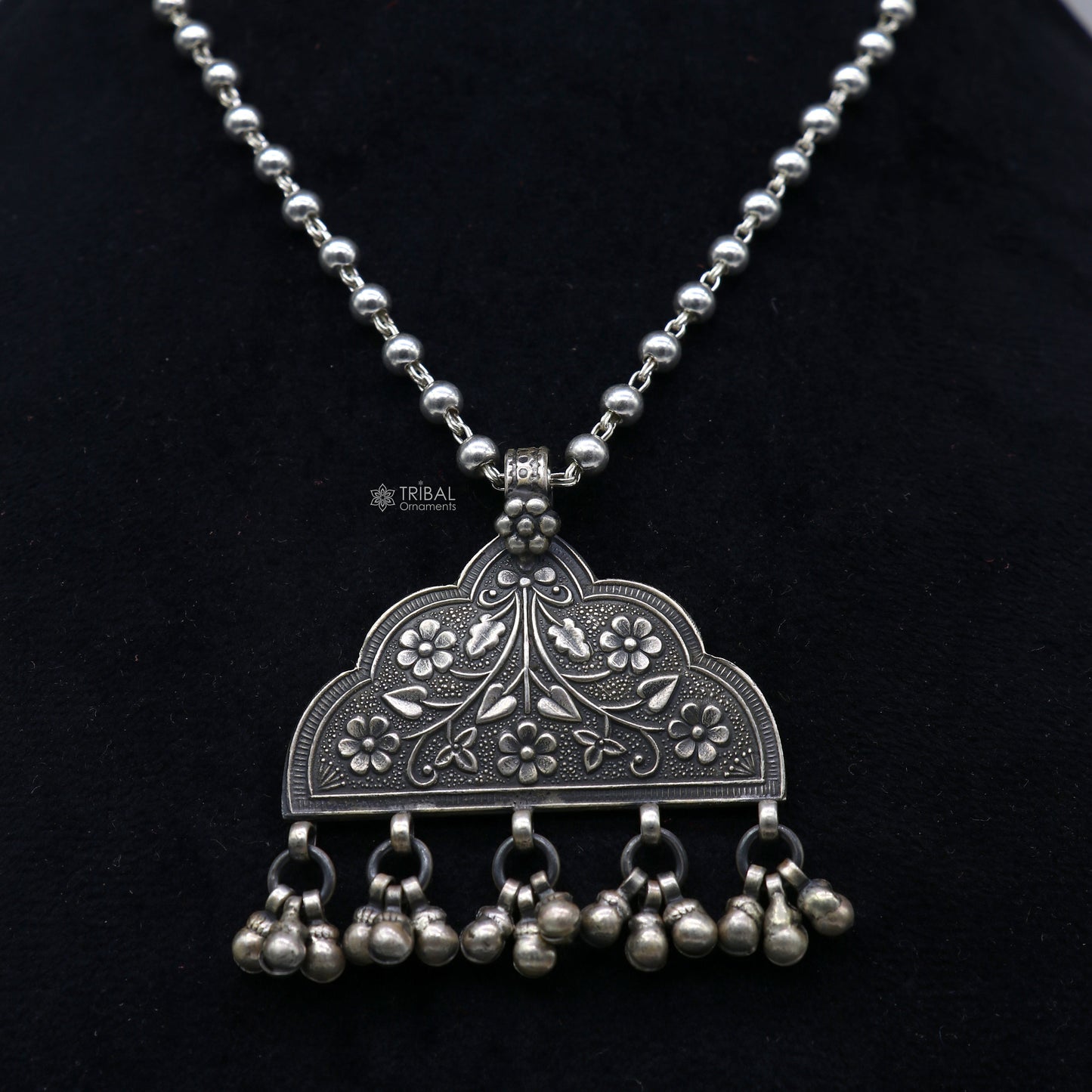 India traditional cultural style handmade 925 sterling silver chitai work pendant with silver beaded necklace best for all outfit set695 - TRIBAL ORNAMENTS