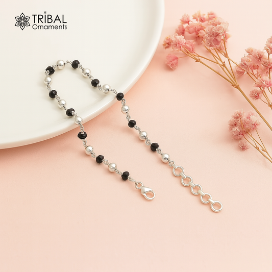 Sterling silver and black beaded chain bracelet, versatile as bracelet or anklet, with pearl accents, by TRIBAL ORNAMENTS.