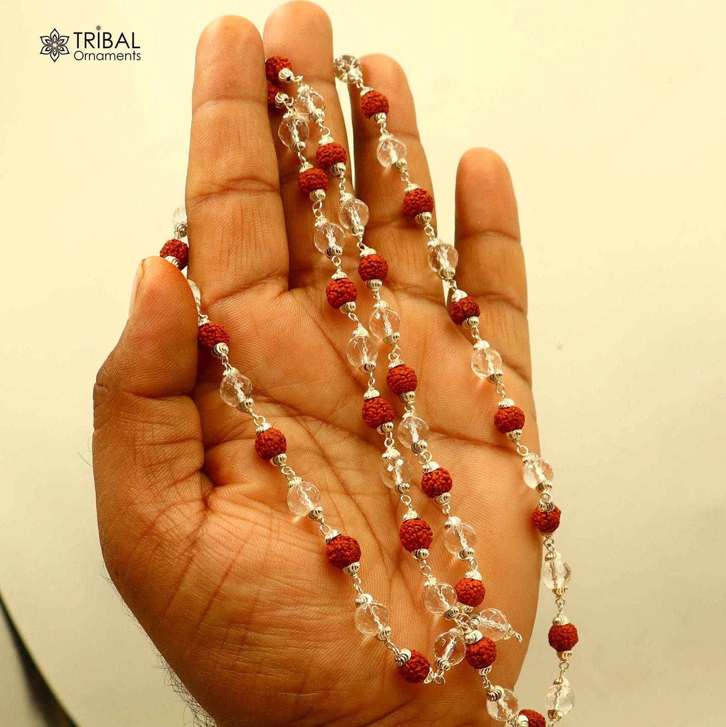 54 / 108 beads Rudraksha and Sphatik beads navkar jaap mala 925 solid silver chanting necklace ch614 - TRIBAL ORNAMENTS