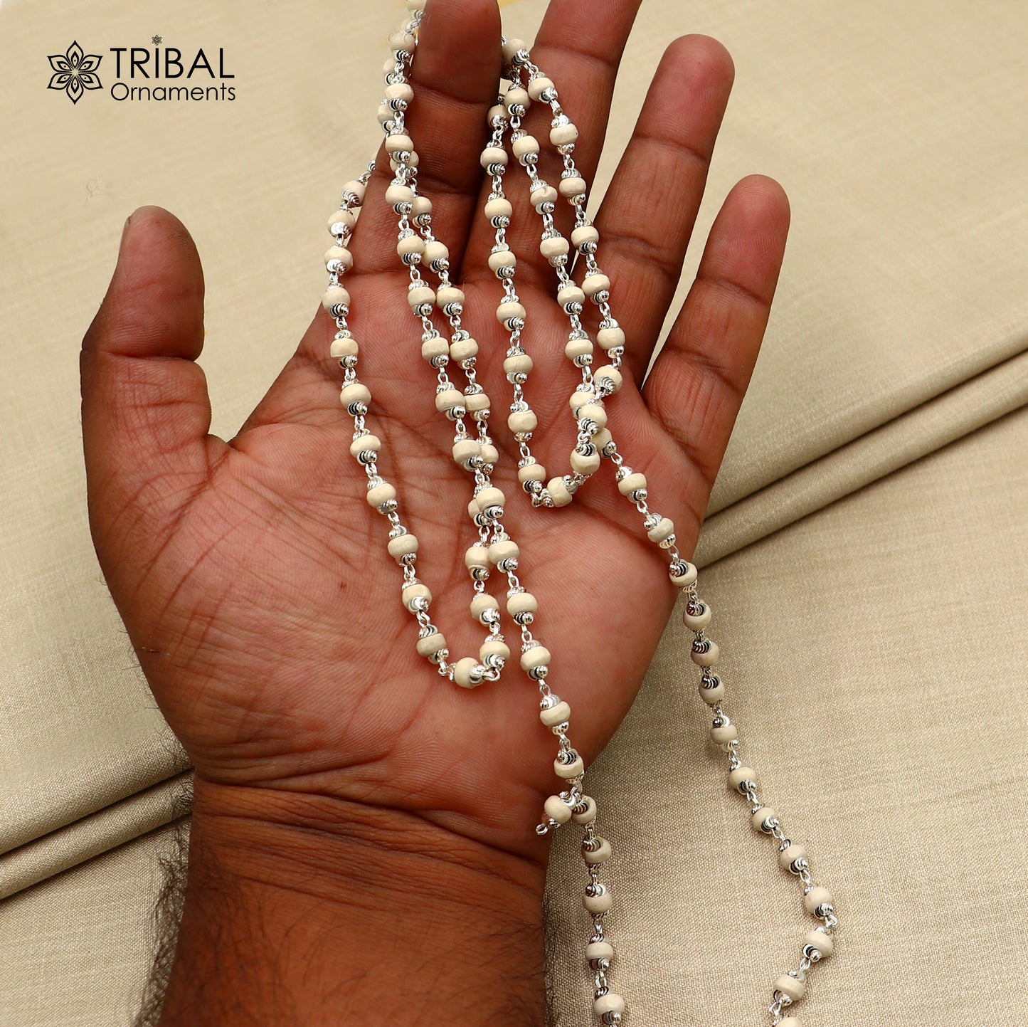 Silver Tulsi Mala with 54 or 108 beads, Navkar Jaap Necklace in 925 solid silver, featuring intricate detailing and traditional design.