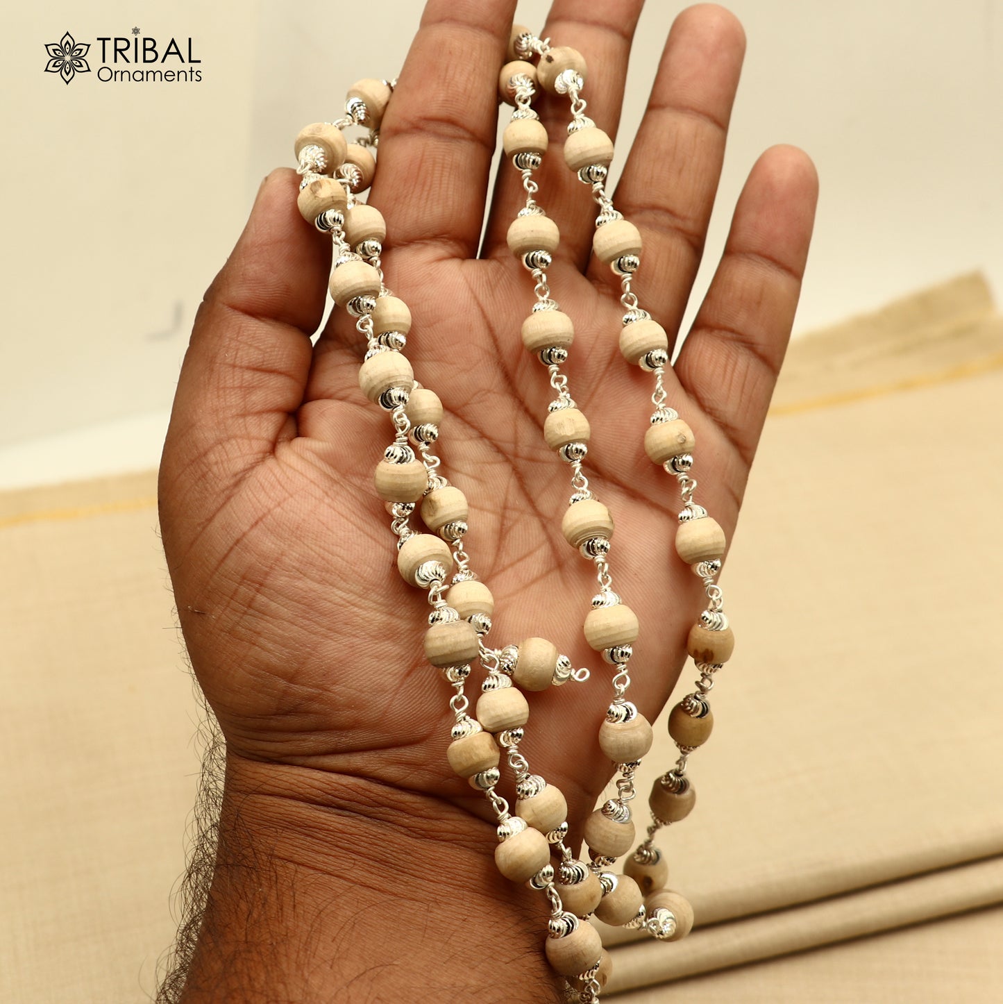 Tribal Ornaments 54/108 beads Tulsi mala Navkar Jaap chanting necklace in 925 solid silver with intricate bead detailing.