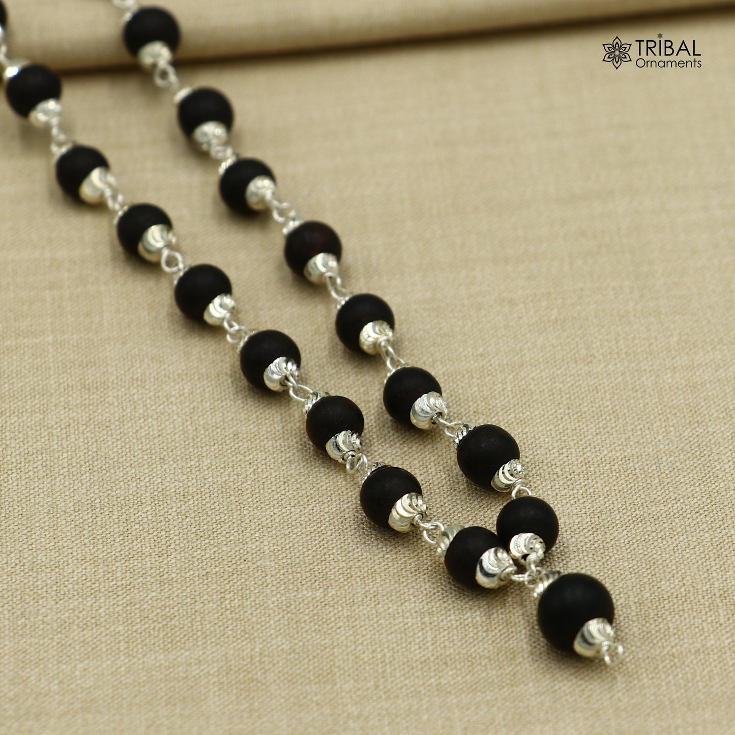 54/108 beads handmade karungali round beads mala 925 solid silver chain necklace ch608 - TRIBAL ORNAMENTS