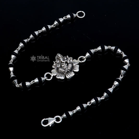 925 sterling silver Lord Ganesha bracelet with flower design and black Tulsi beads, handmade tribal ornament Rakhi rk398.