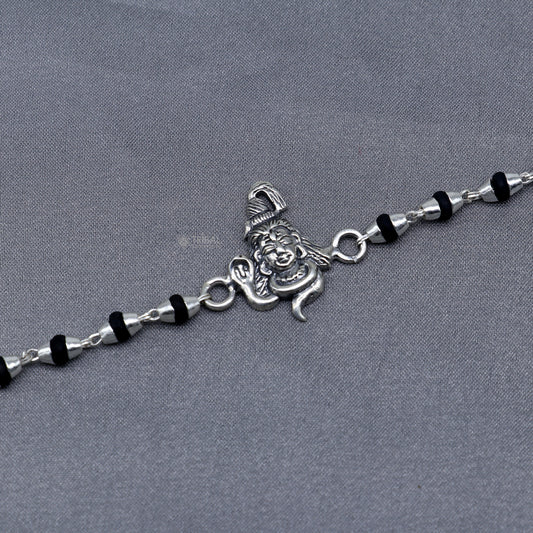 925 sterling silver Lord Shiva black Tulsi beaded bracelet with handmade design and holy basil beads, model RK392.