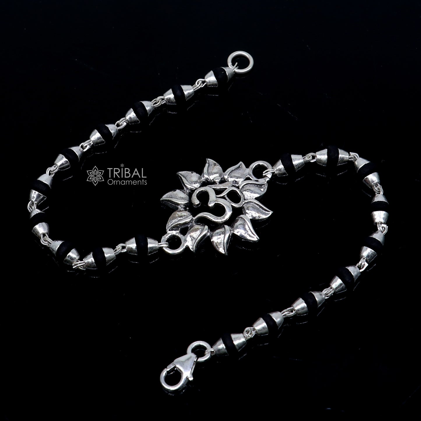 925 sterling silver Om design Shiva mantra bracelet with black Tulsi beads, handmade tribal ornament jewelry for spiritual wear