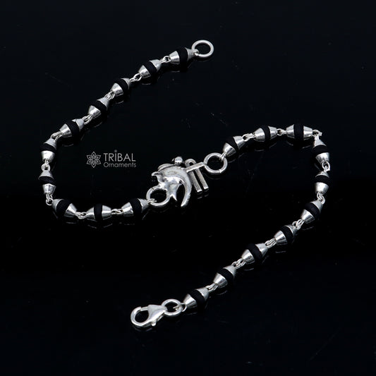 Sterling silver Shree Ganesha holy basil rosary beads bracelet with black Tulsi beads, handmade by Tribal Ornaments.