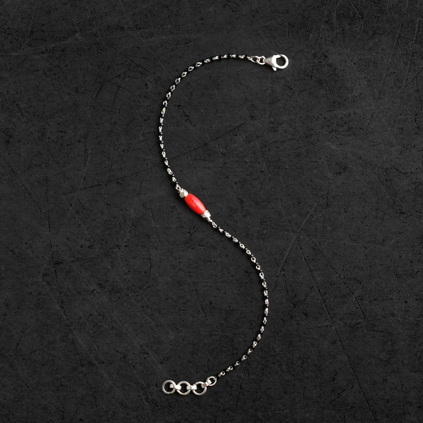 925 sterling silver beaded chain bracelet featuring red and black beads, versatile for use as bracelet, anklet, or mangalsutra.