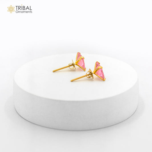 Exclusive 14kt yellow gold handmade single cubic zircon stone square shape stud earring cartilage customized unisex jewelry er180 - TRIBAL ORNAMENTS