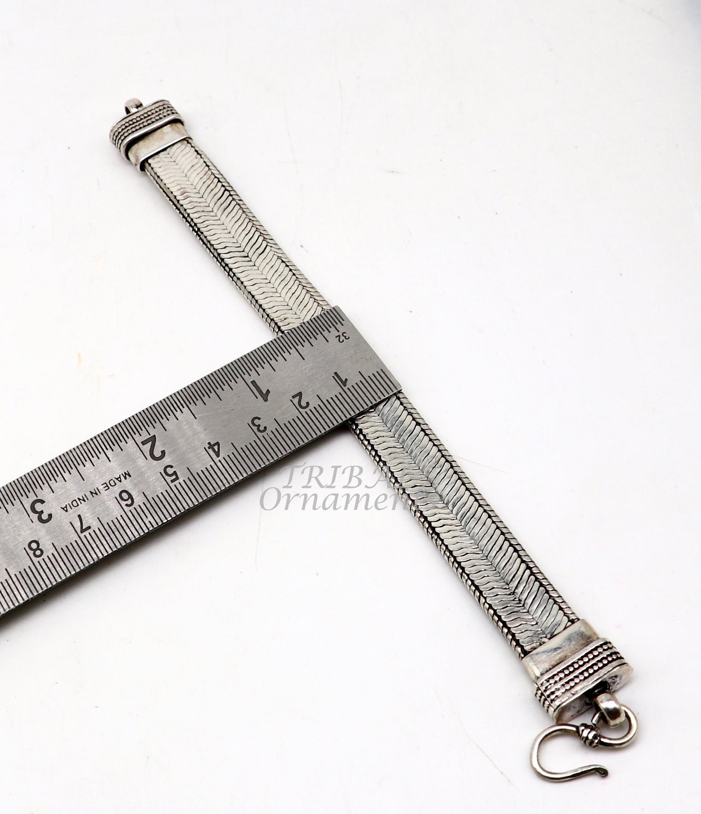 925 sterling silver wheat chain bracelet, unisex handmade jewelry with vintage design, flexible belt style from Rajasthan, India.