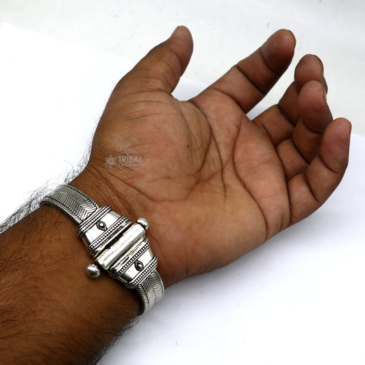 Unisex 925 sterling silver wheat chain bracelet belt with vintage style, handmade tribal jewelry from Rajasthan, India.