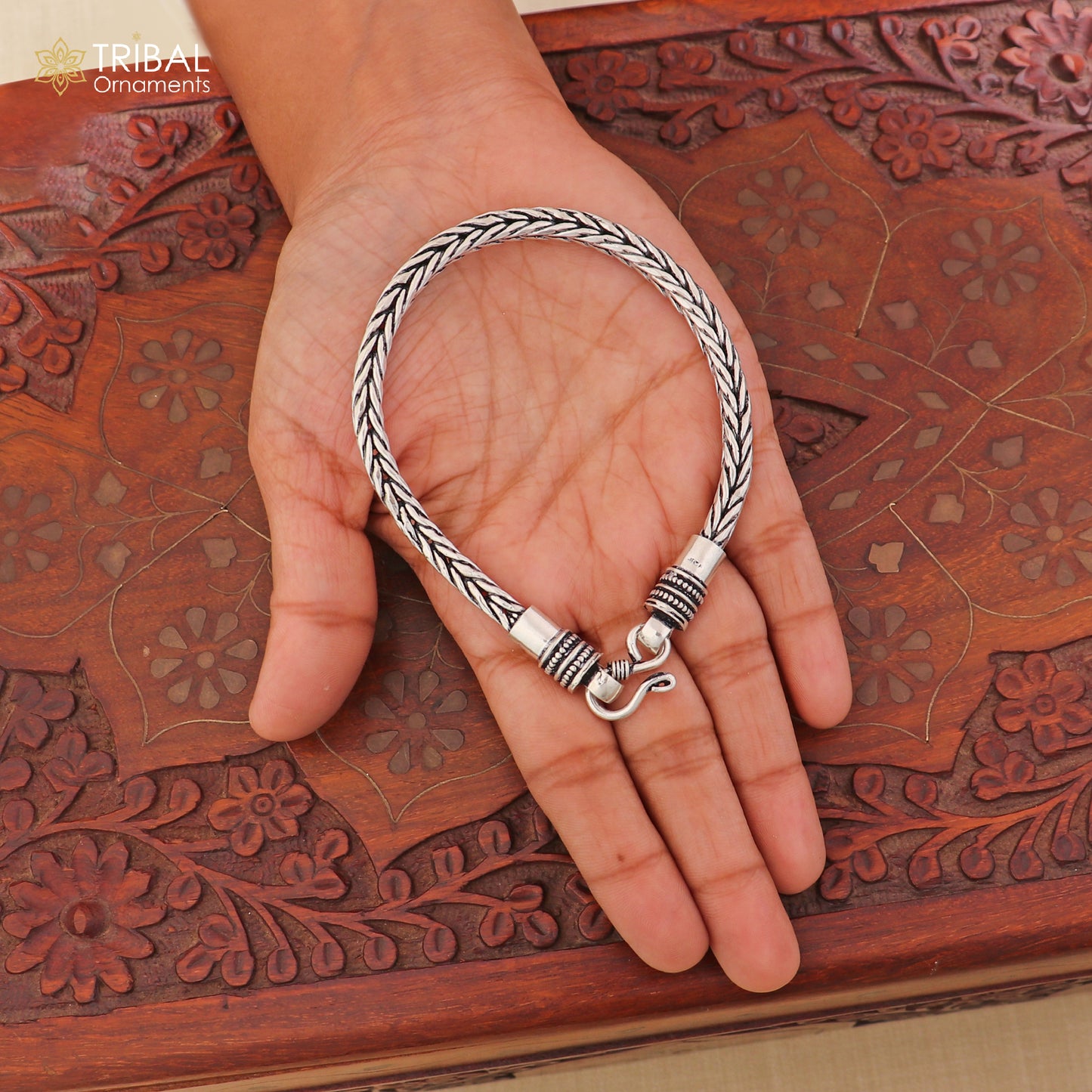 Unisex 8.5-inch 925 sterling silver Wheat heavy chain bracelet with intricate links, crafted by TRIBAL ORNAMENTS.