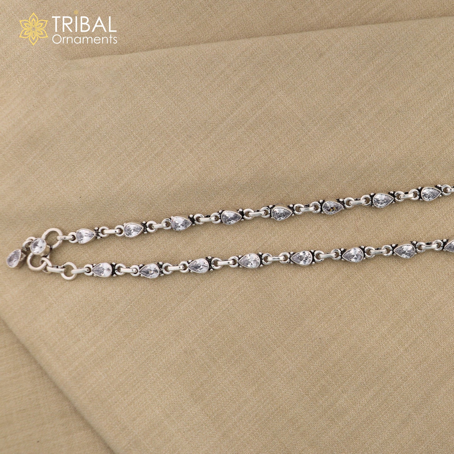 10.5" 925 sterling silver white stone anklets foot bracelet ank728 - TRIBAL ORNAMENTS