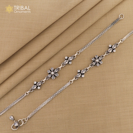 10" 925 sterling silver White stone chain anklets foot bracelet ank718 - TRIBAL ORNAMENTS