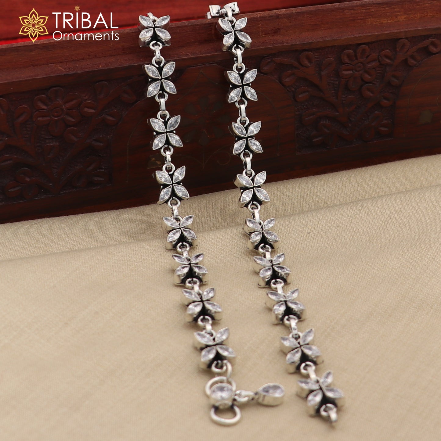 10" 925 sterling silver white stone flower design anklets foot bracelet ank721 - TRIBAL ORNAMENTS