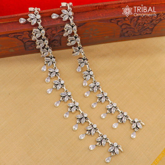 10" 925 sterling silver white stone flower design anklets foot bracelet ank722 - TRIBAL ORNAMENTS