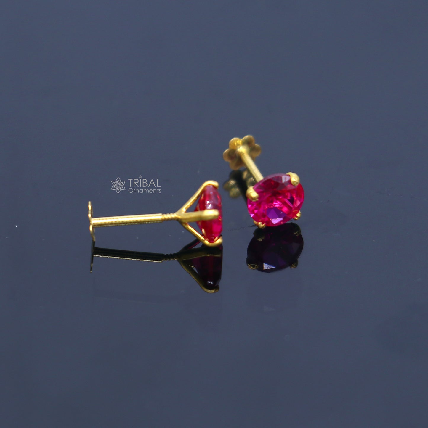 14Kt yellow gold pink diamond stud earring for unisex er195 - TRIBAL ORNAMENTS