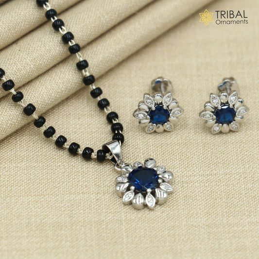 18 inches 925 sterling silver blue stone pendant mangalsutra with earring ms156 - TRIBAL ORNAMENTS