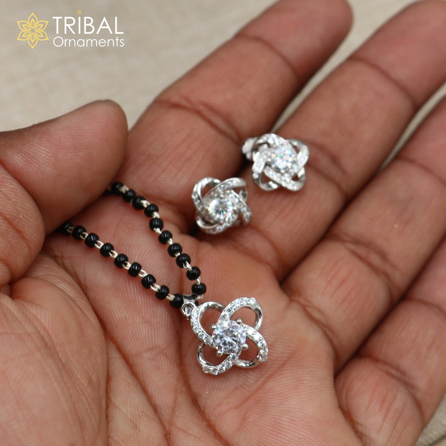 18 inches 925 sterling silver white stone pendant stylish mangalsutra with earring ms157 - TRIBAL ORNAMENTS