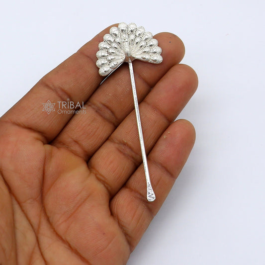 Handmade 3.2-inch sterling silver peacock design Mor Pankhi kajal stick, ideal Lord Krishna Laddu Gopal gift by TRIBAL ORNAMENTS.