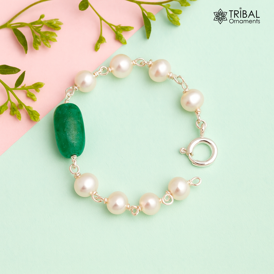 4.5 inches Handmade 925 sterling silver beaded bracelet, pearl and jade stone baby bracelet, unisex new born kids jewelry bbr5 - TRIBAL ORNAMENTS