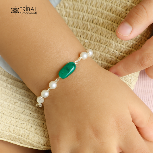 Unisex handmade 925 sterling silver baby bracelet with beaded pearls and jade stones, suitable for newborns and infants.