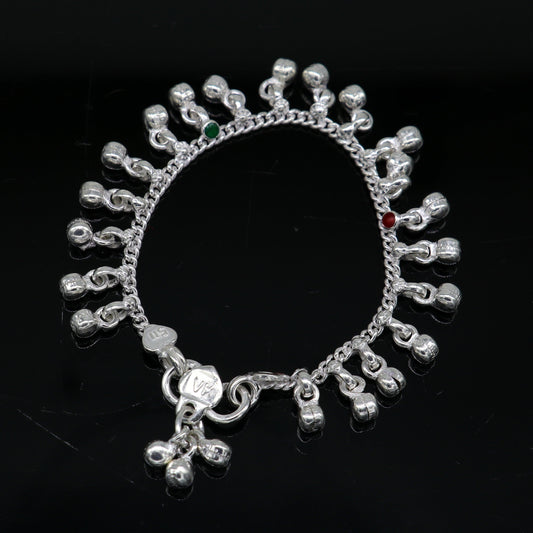 5.5" Handmade sterling silver new born baby anklets, excellent waved charming noisy bells baby anklet bracelet, payal kids jewelry ank280 - TRIBAL ORNAMENTS