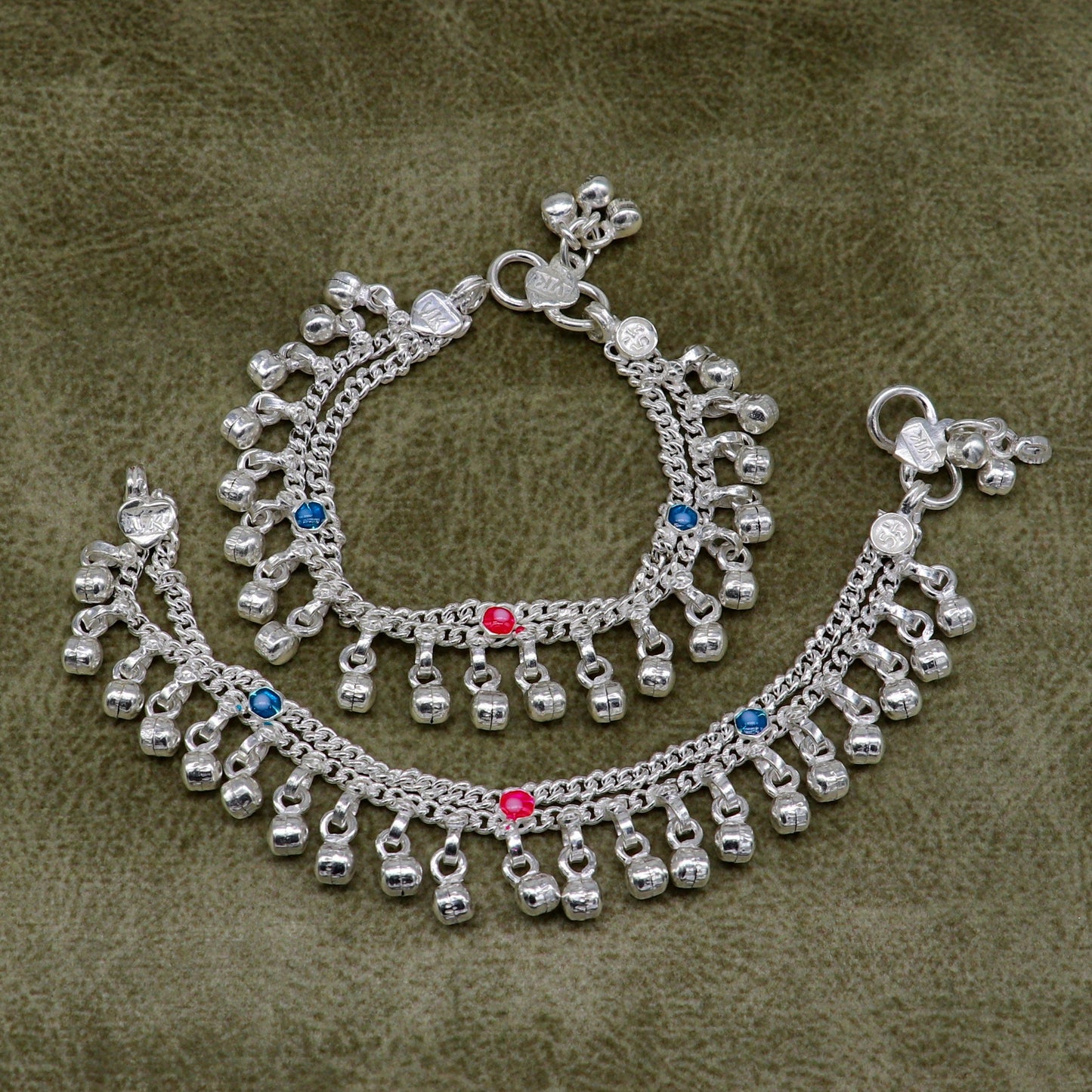 5.5" inches Sterling silver handmade double chain jingling ankle bracelet baby anklet noisy sound bells charm foot anklets jewelry ank302 - TRIBAL ORNAMENTS