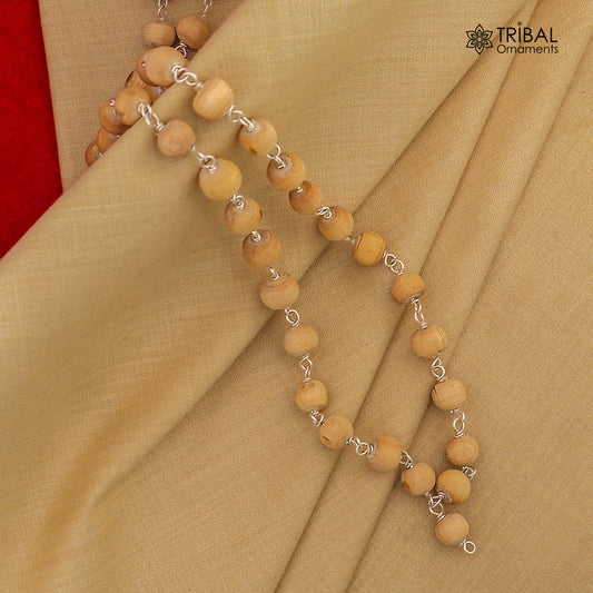 54+1 Beads 925 Sterling silver handmade white tulsi beads jaap mala, best meditation or mantra chanting chain necklace ch272 - TRIBAL ORNAMENTS
