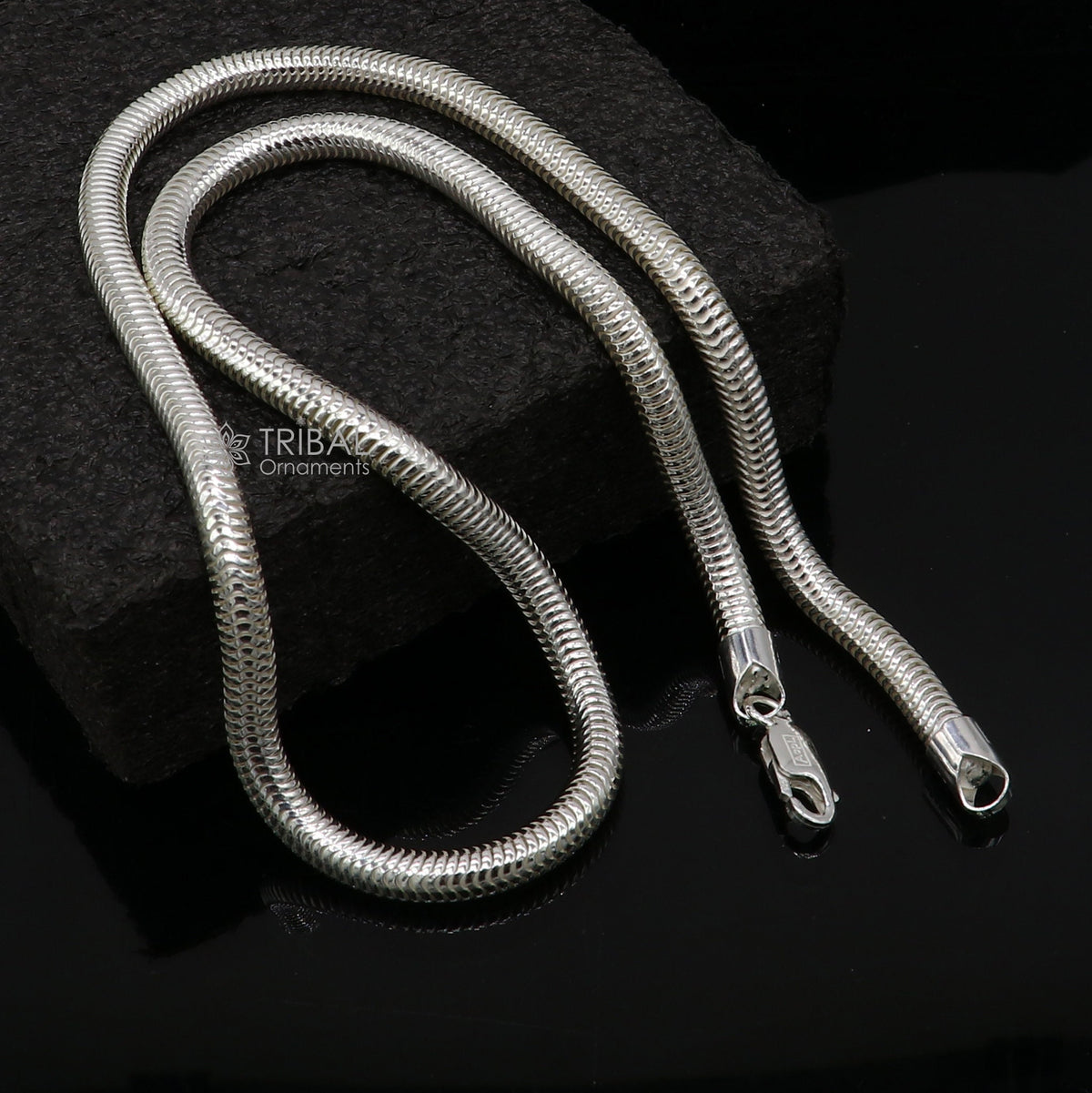Sterling silver 20-inch 5mm smooth flexible snake chain necklace by Tribal Ornaments, handmade with a trendy, sleek design.