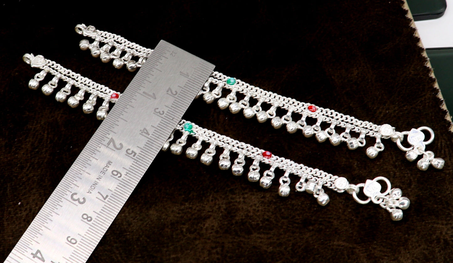 6" sterling silver handmade hanging drops anklets baby kids anklet bracelet, gifting noisy anklets kids jewelry from India ank316 - TRIBAL ORNAMENTS