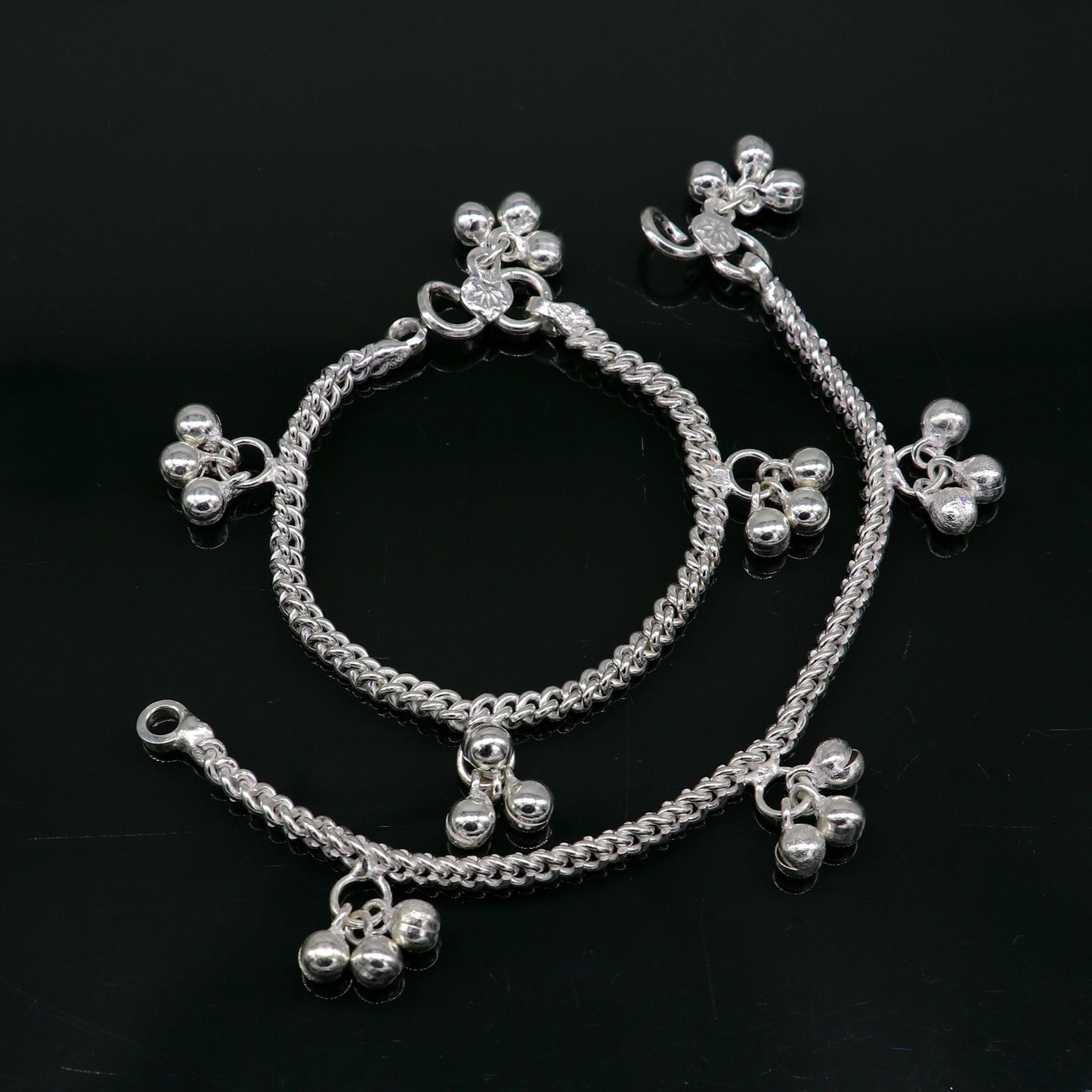 6" sterling silver kids customized designer noisy bells anklets baby ankle bracelet, noisy charm anklets kids jewelry from India ank321 - TRIBAL ORNAMENTS