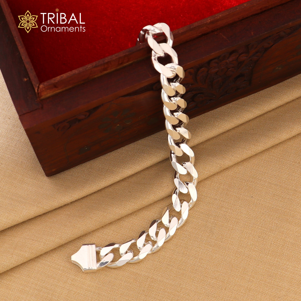 Unisex 8.5-inch antique Cuban link chain in 925 sterling silver, featuring a detailed, textured design from Tribal Ornaments.