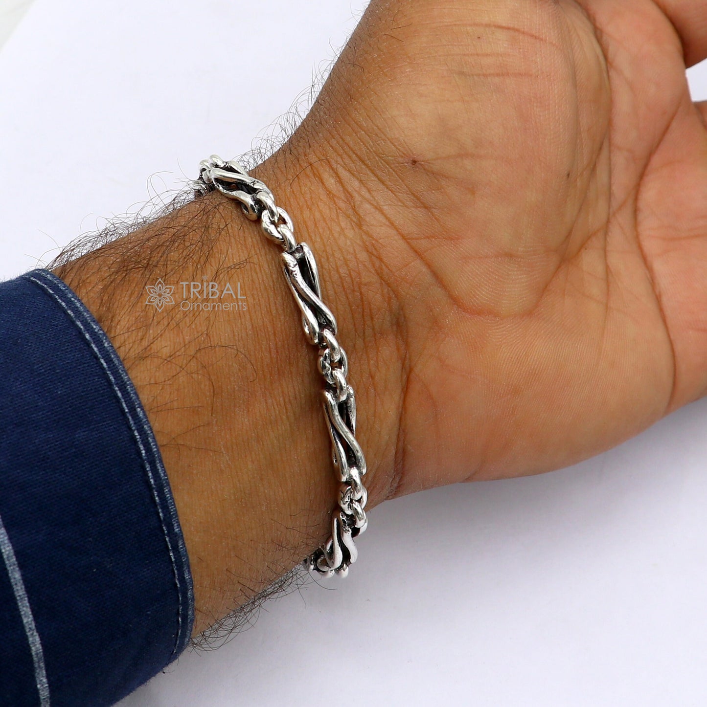 8-inch sterling silver oxidized chain bracelet with personalized custom design, stylish jewelry by TRIBAL ORNAMENTS.